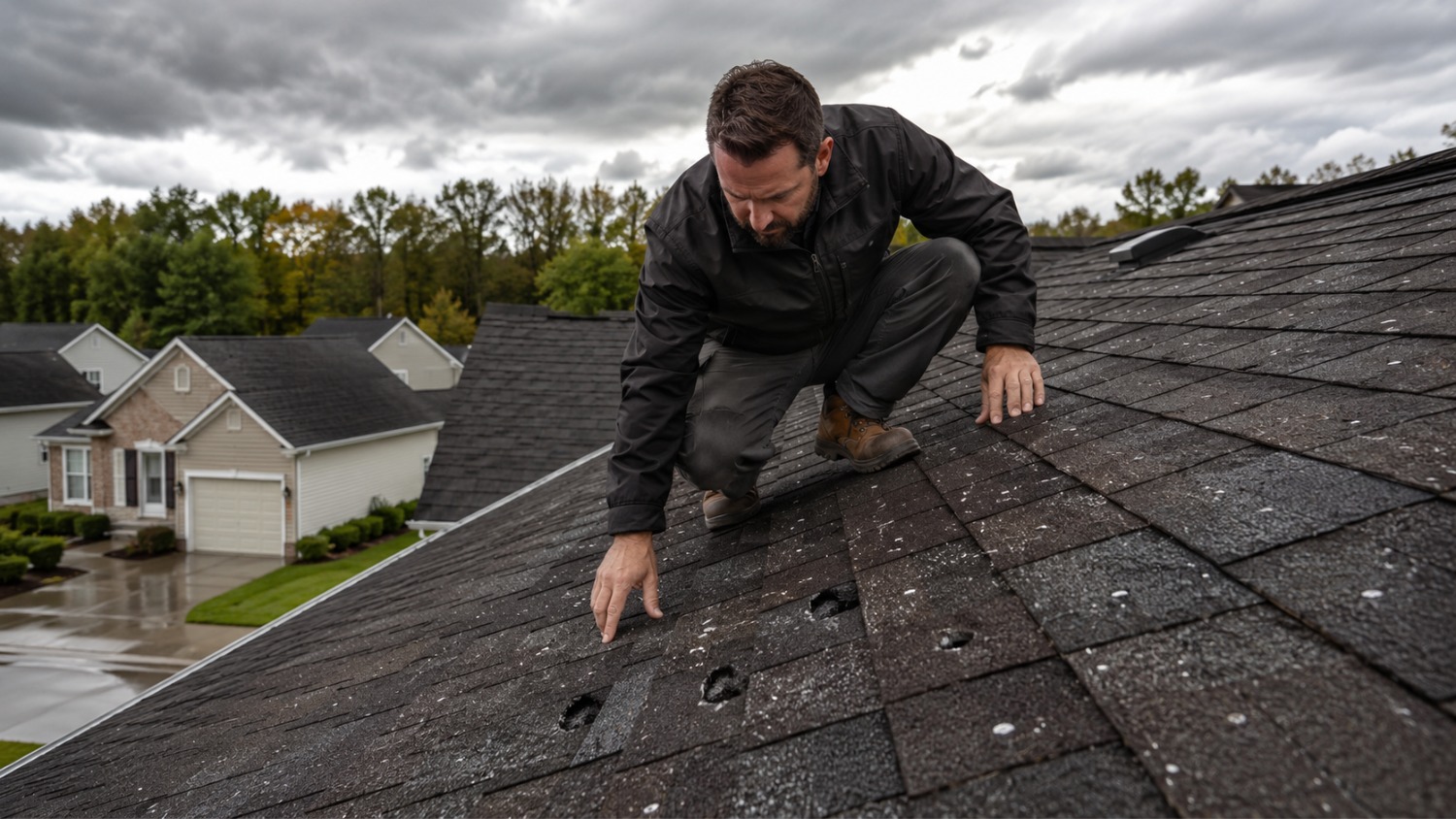 Inspector crouching on a residential roof pointing out severe hail strike holes