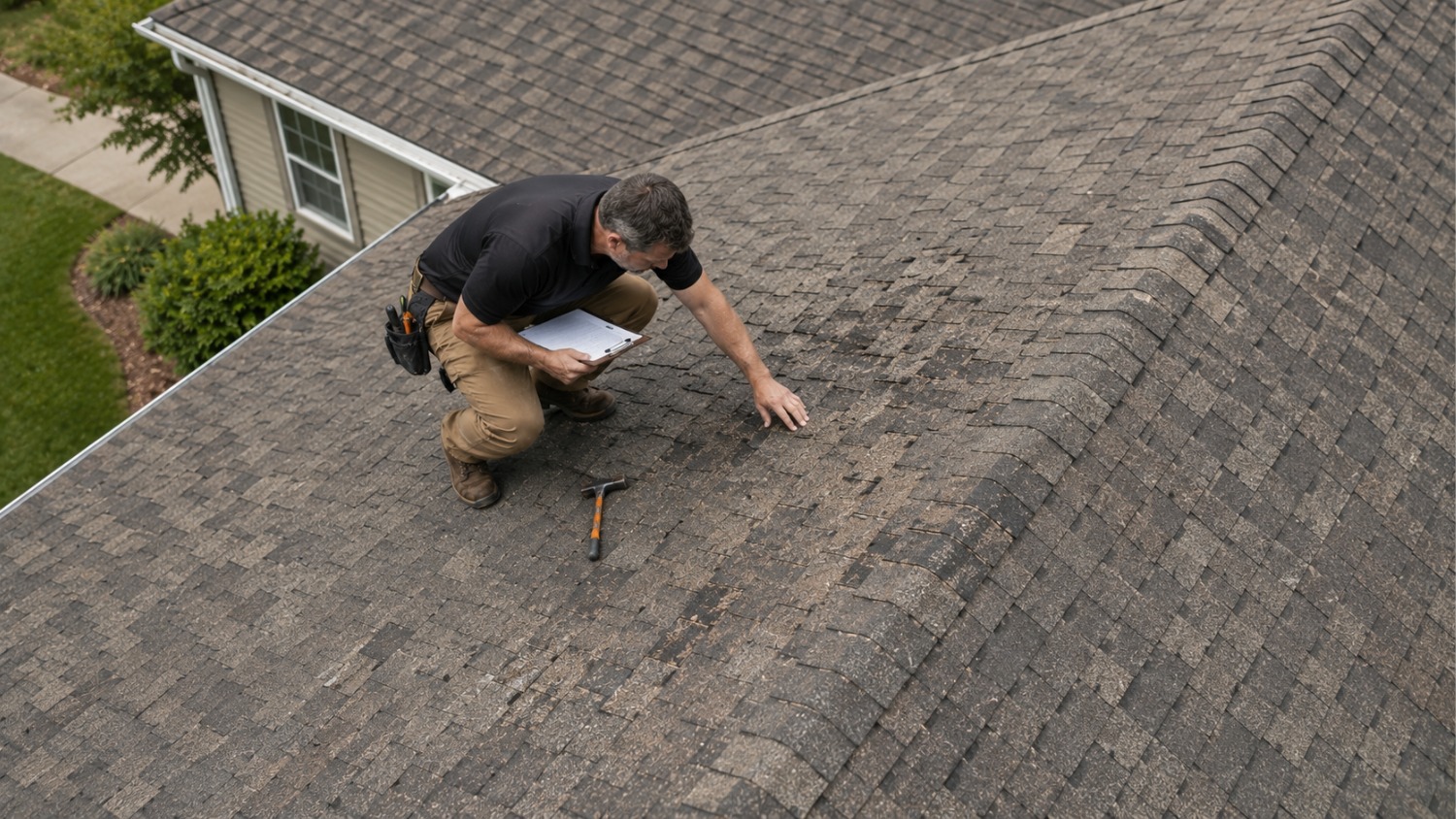 A roofing inspector crouched on an asphalt shingle roof