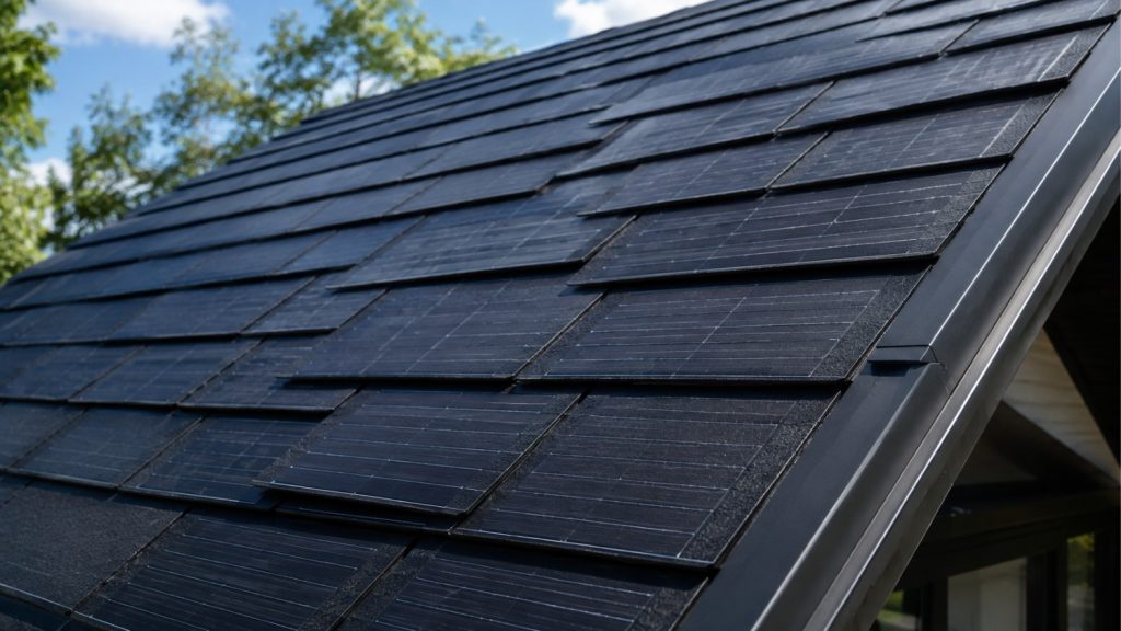 Close-up of a house roof featuring textured black solar shingles