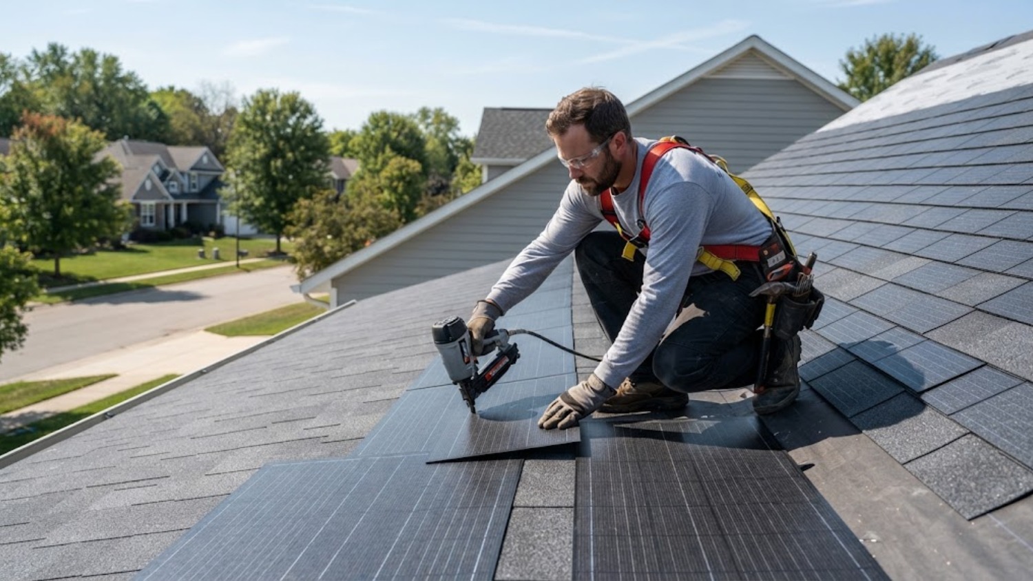Roofer installing solar shingles