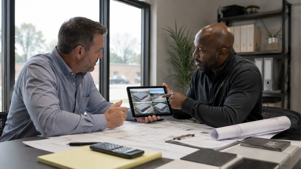 building owner meeting with a professional roofing contractor during a pre-contract evaluation