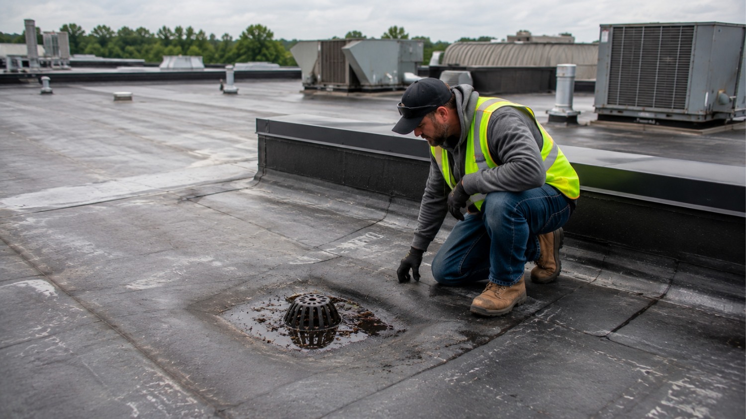 kneeling next to a commercial flat roof drain