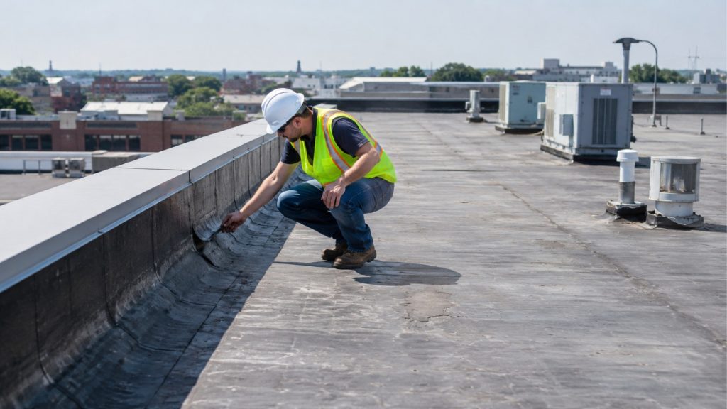 examining damage on a flat commercial roof