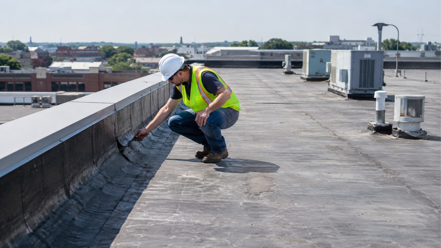 examining damage on a flat commercial roof