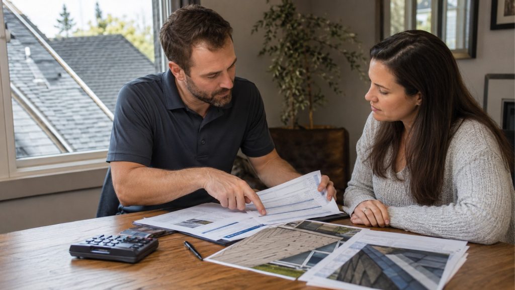 roofing estimator pointing to options on a contract document