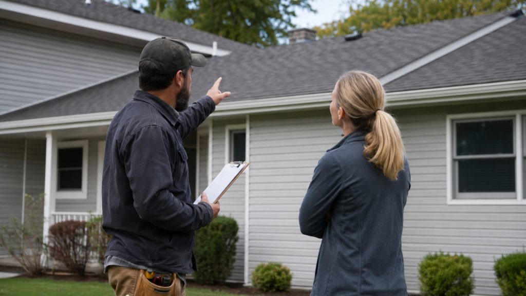 Contractor with clipboard pointing toward roof