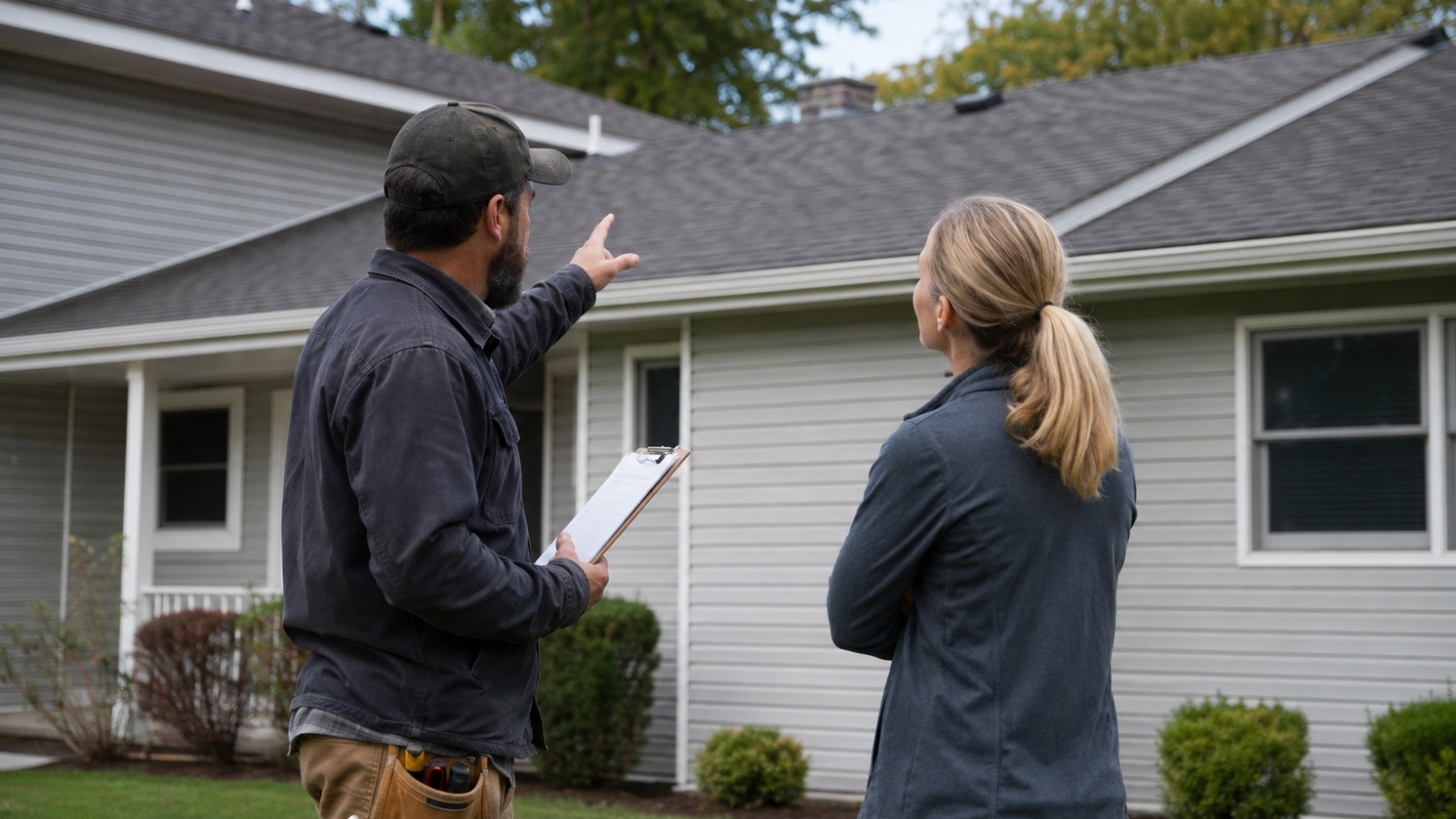 Contractor with clipboard pointing toward roof