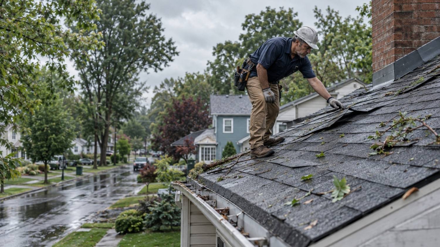 roofing professional inspecting storm damage