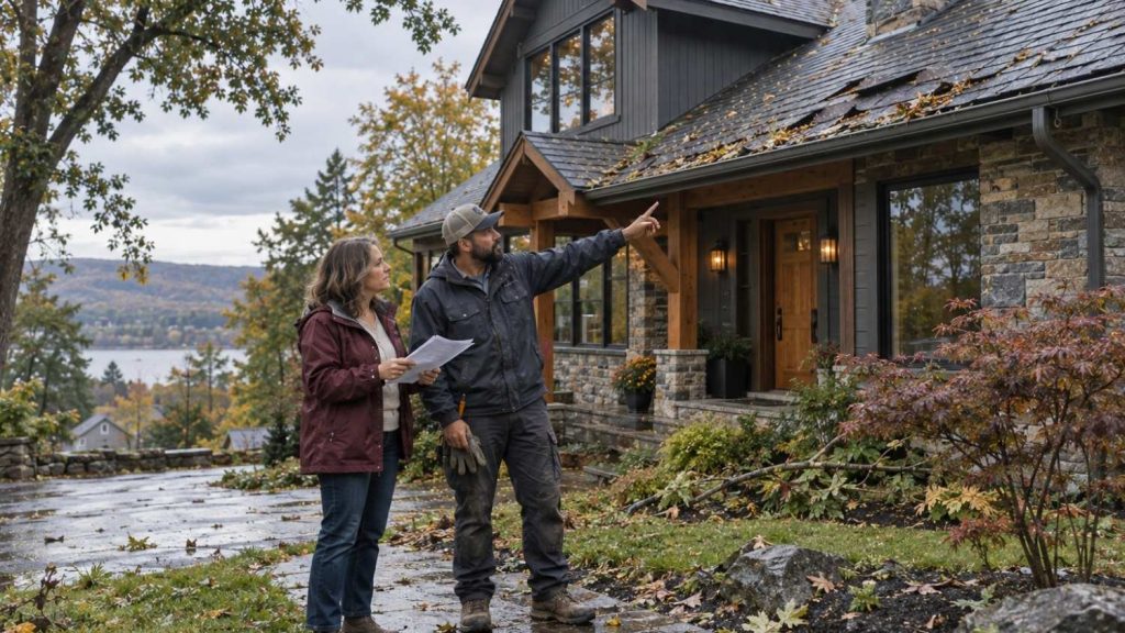homeowner and a local roofer having a conversation