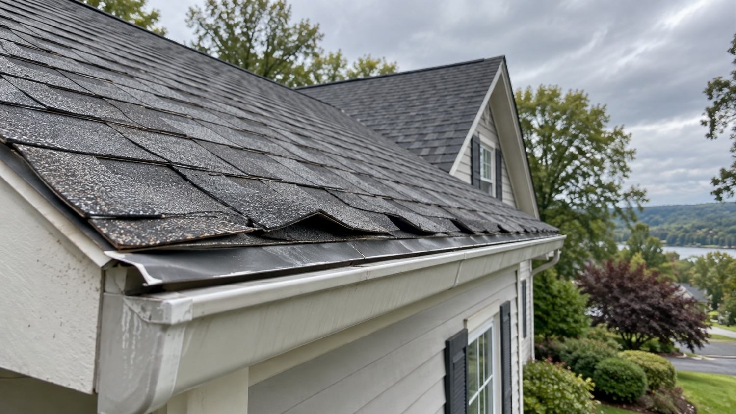 shingles along the eave in the lower-left foreground are visibly raised