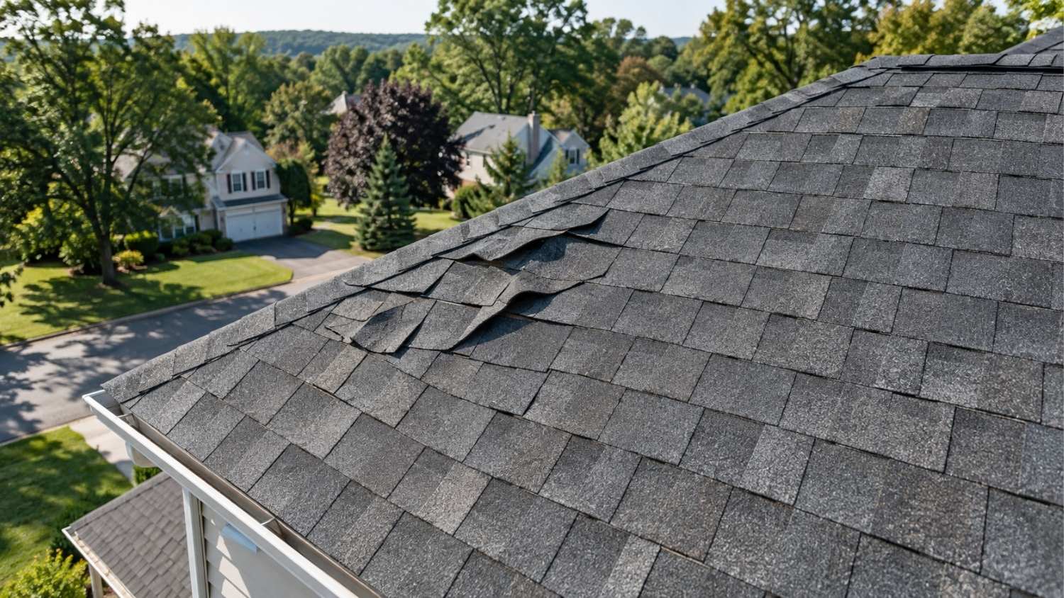 shingles near the upper-left portion visibly creased and bent