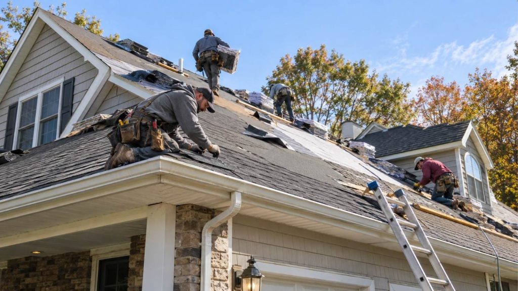 residential roof replacement underway
