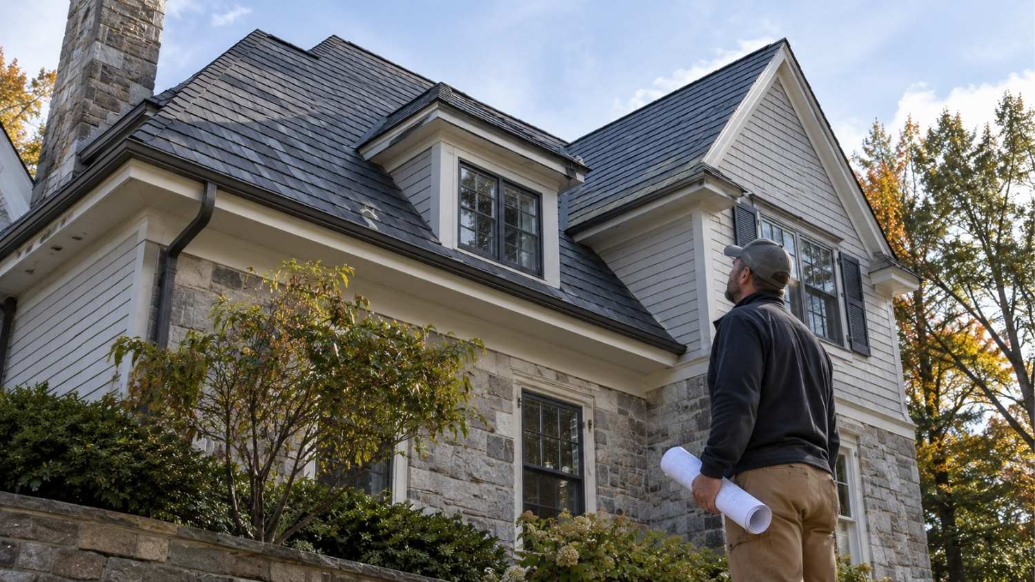 contractor stands in the side yard reviewing the roofline