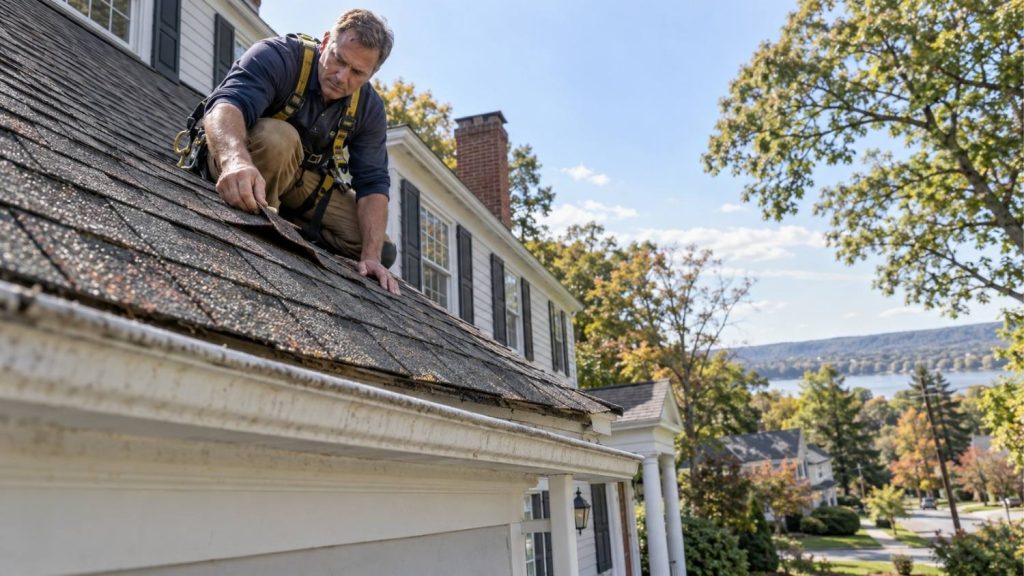 roofing inspector examining an architectural asphalt shingle roof
