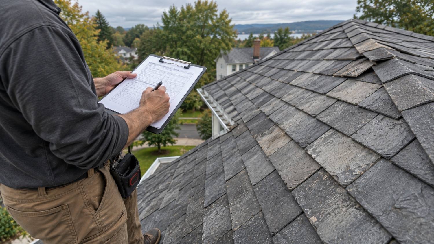 roofing inspector documenting a Brava Slate-style composite roof