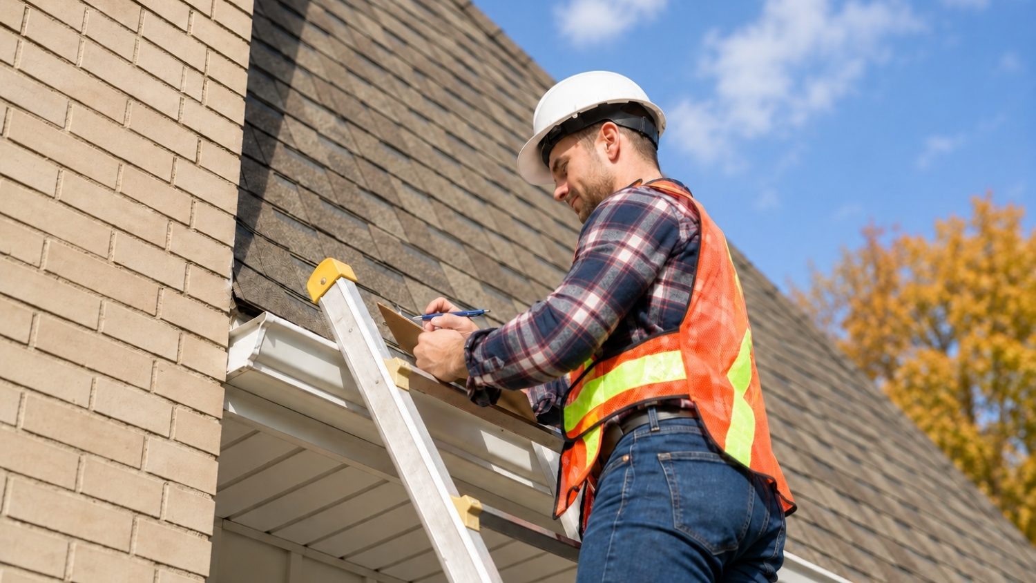 standing on steps inspecting house roof