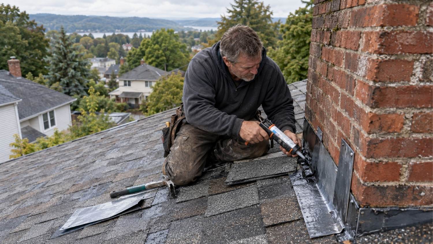 contractor is repairing a localized roof leak