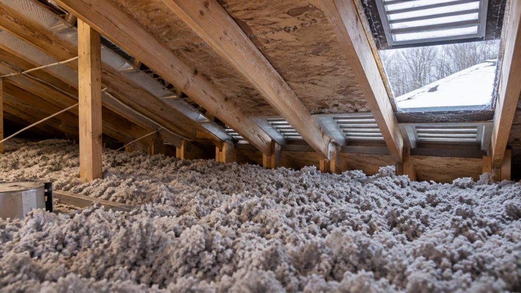 continuous layer of blown-in cellulose insulation installed across the attic floor