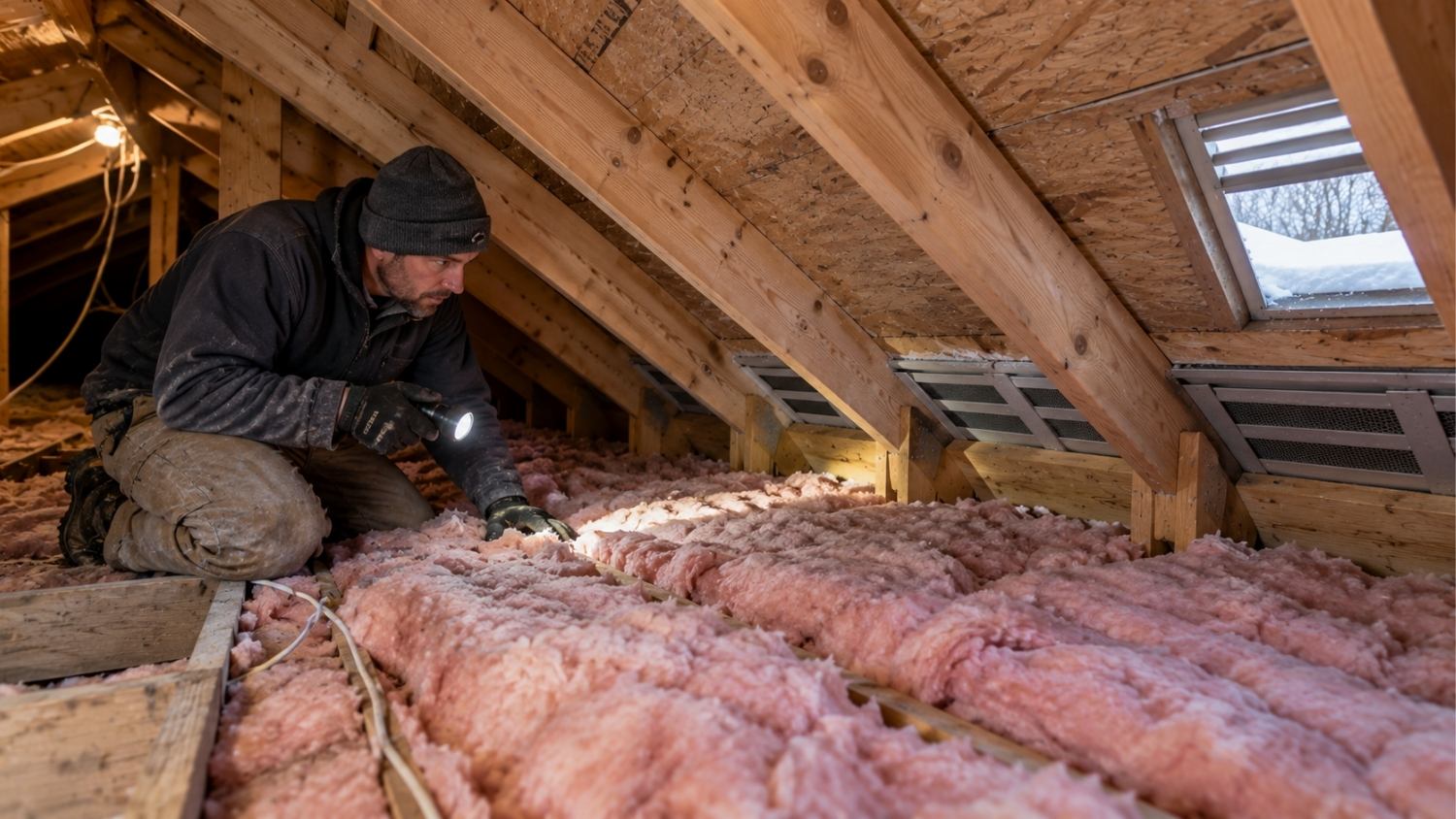 inspecting a properly installed layer of fiberglass batt insulation