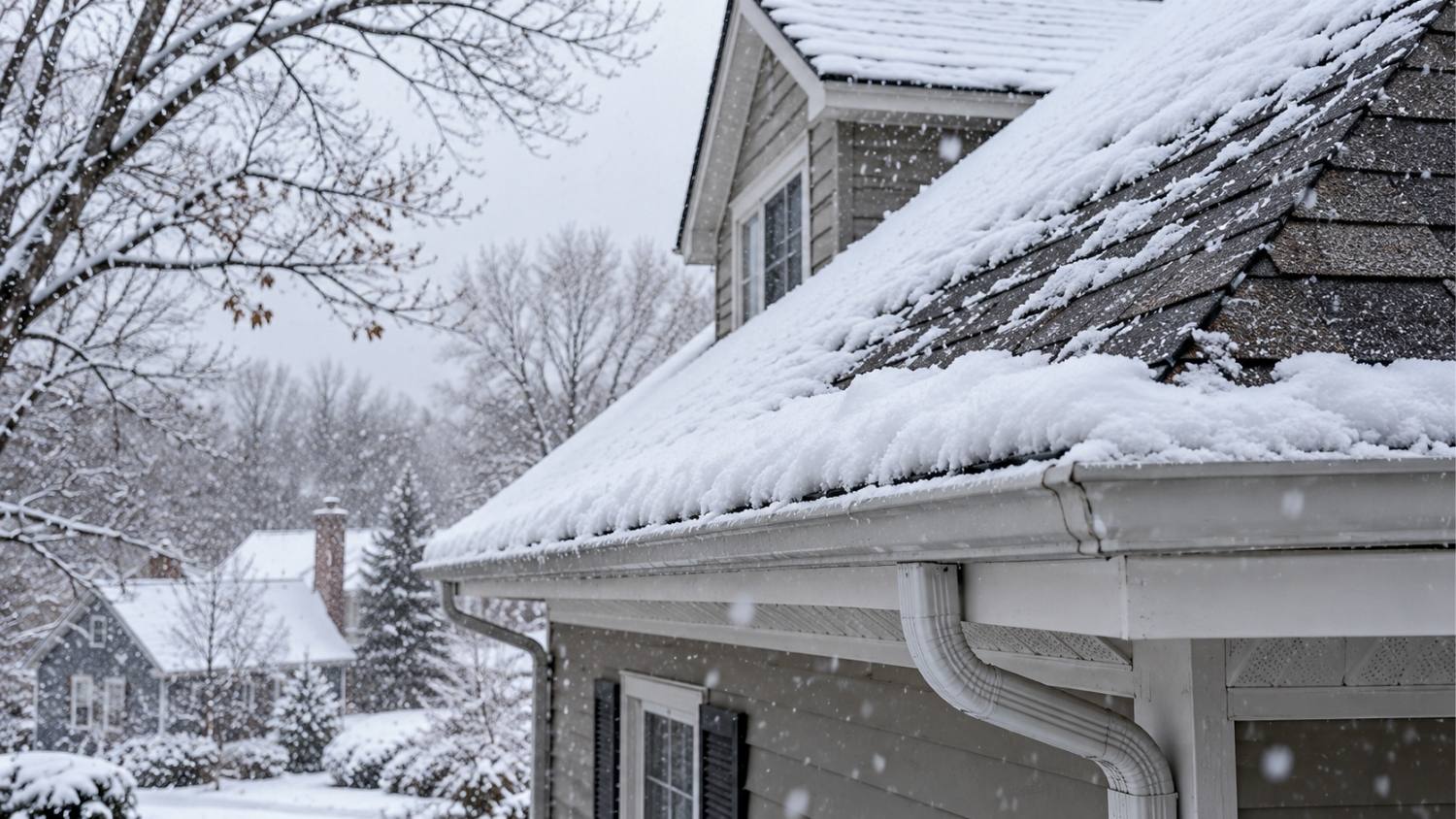 layer of snow accumulated across the upper roof surface