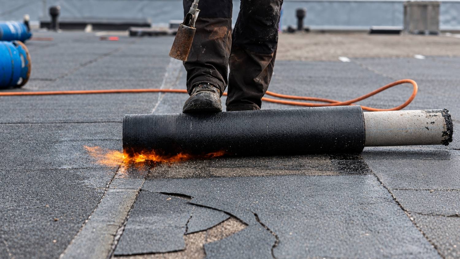 a roofer using a propane torch to melt the underside of a black bitumen roll
