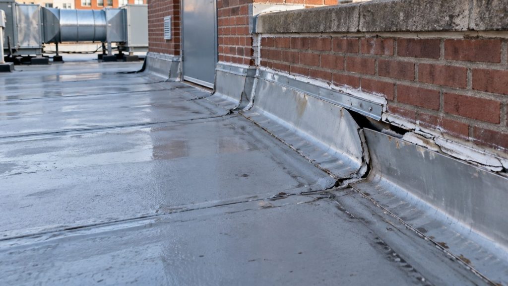 lifted metal flashing, cracked sealant, and a separated flashing lap along one section
