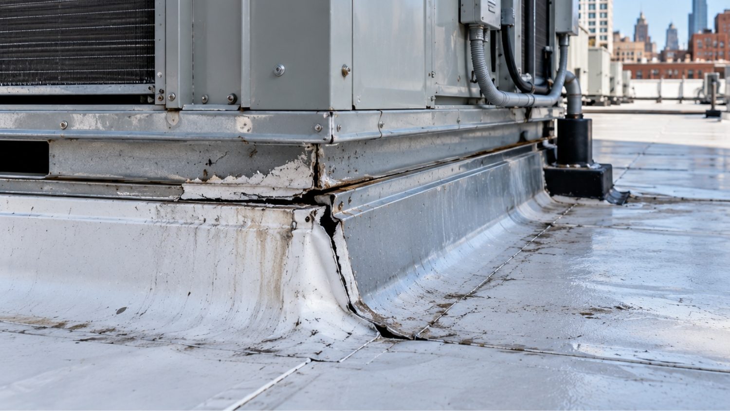 showing cracked sealant, deteriorated flashing, and a small separation at the curb edge