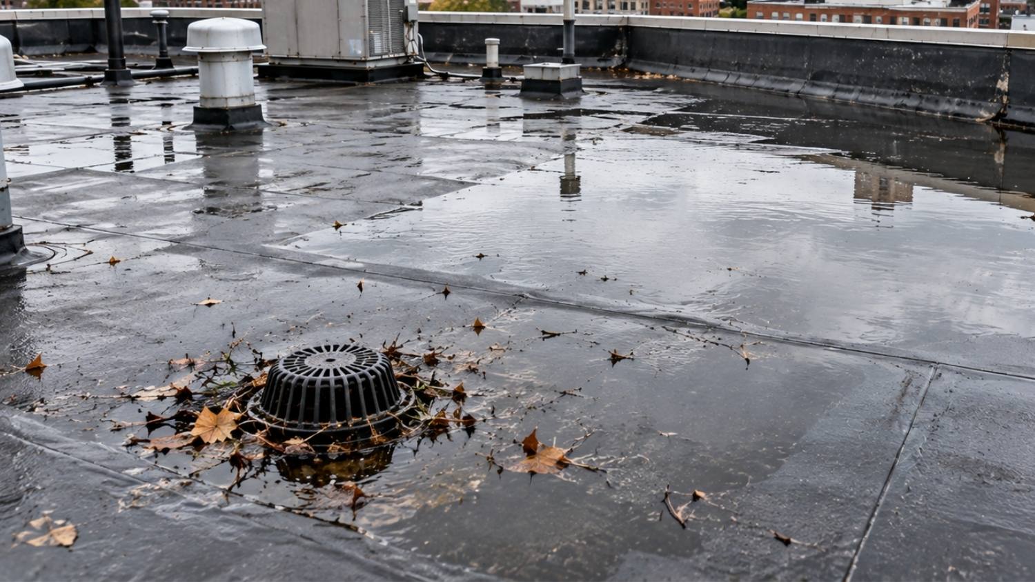 drain is partially obstructed by leaves and small debris