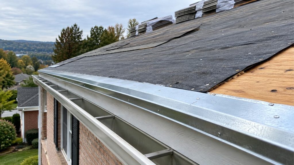 galvanized metal drip edge runs continuously along the entire visible roof perimeter
