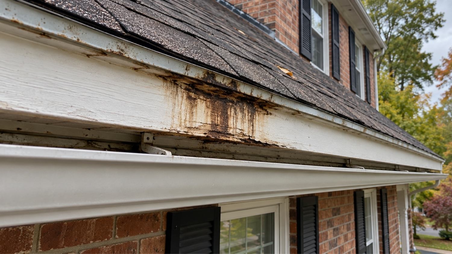 dark brown water staining and a softened section of the painted fascia