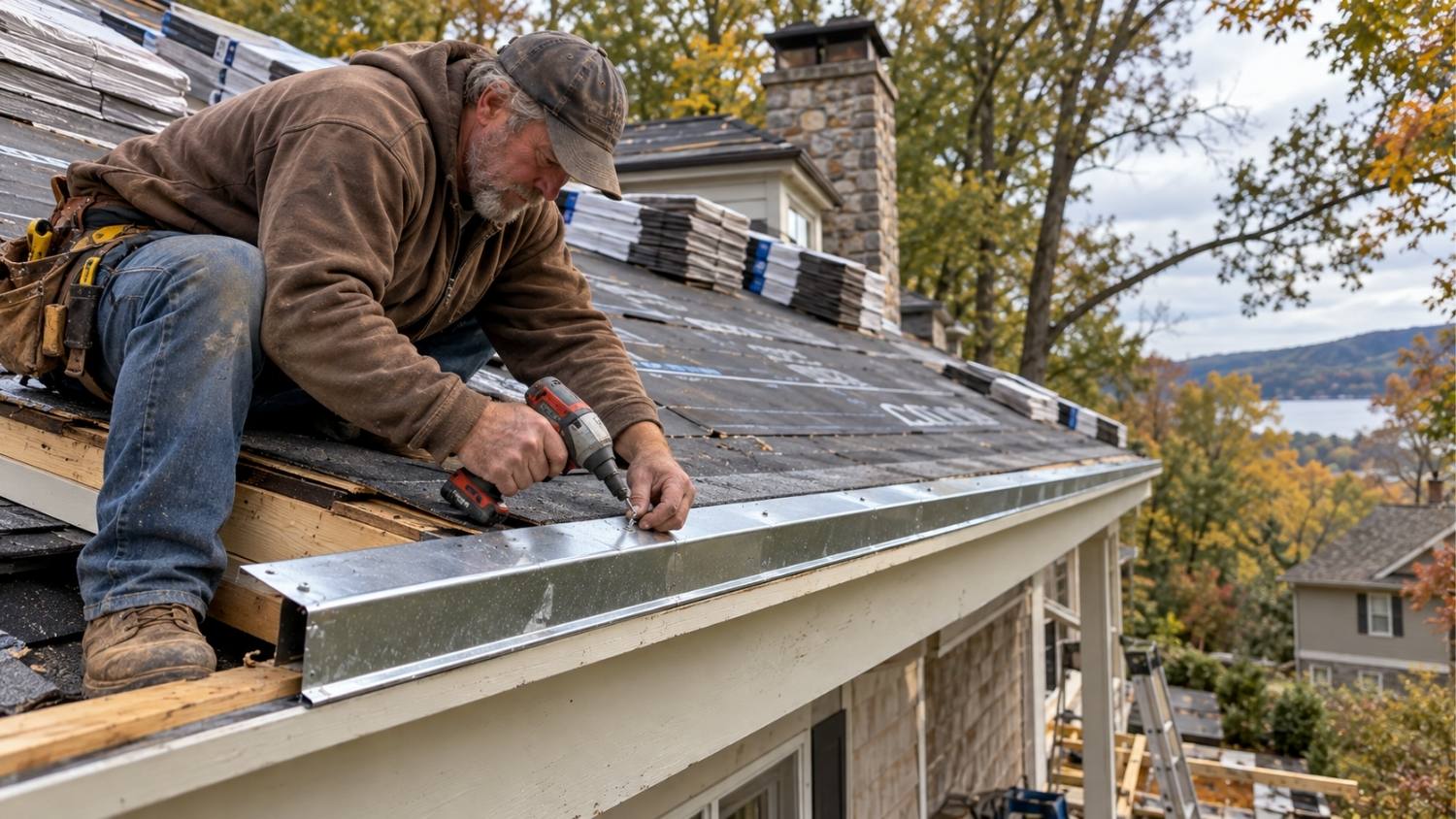 installing the metal drip edge along the eave of a residential home