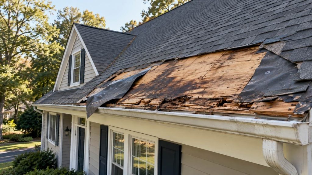 missing asphalt shingles and exposed, weathered wooden roof decking
