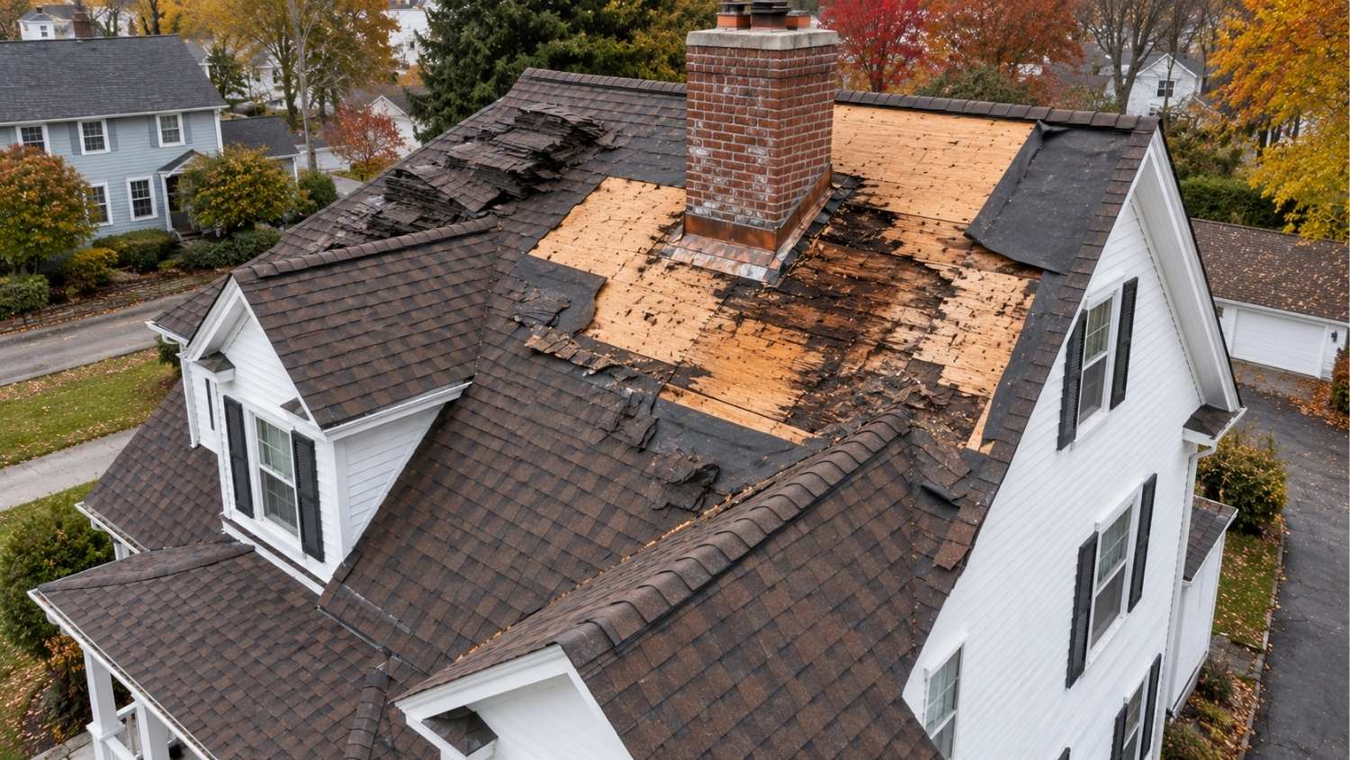 damage to the roof of a white two-story house