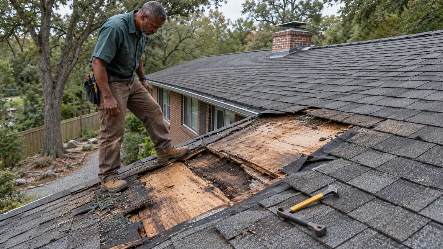 standing on a shingled roof next to a large section of missing shingles
