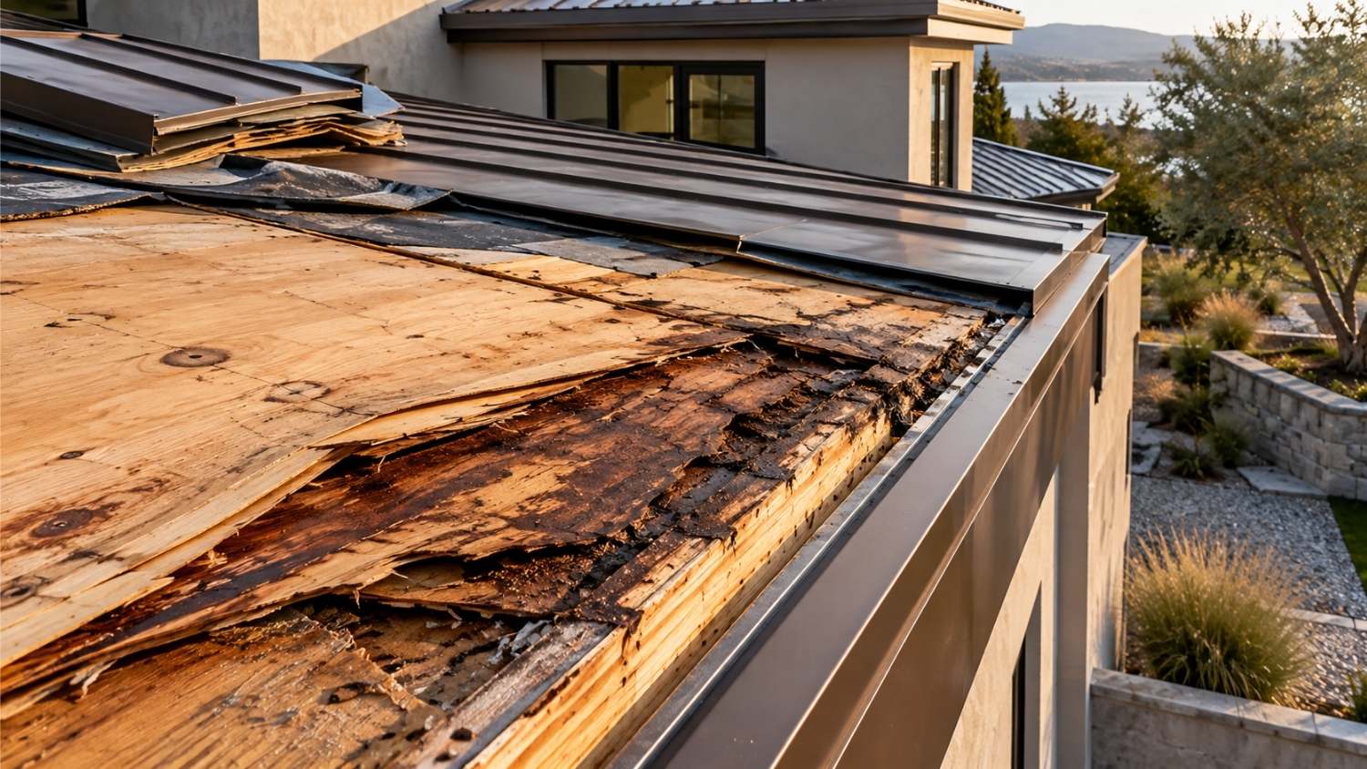roof decking rot and water damage beneath a standing-seam metal roof system