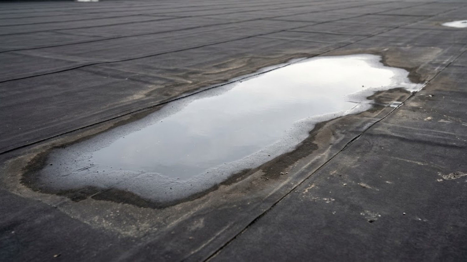 black EPDM membrane roof with a shallow low spot holding standing water