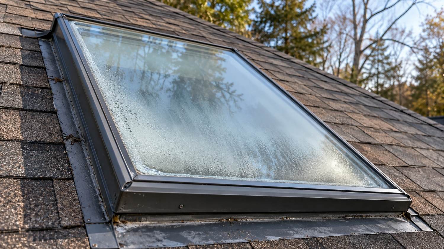 older rectangular skylight installed on a pitched asphalt-shingle roof