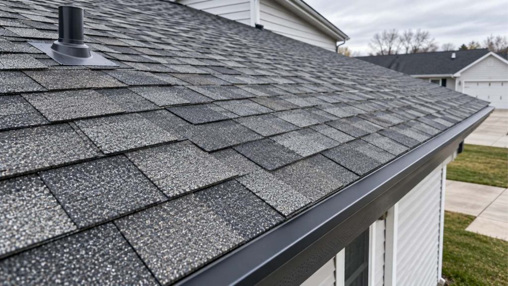 shallow low-slope residential roof covered in slate-gray architectural asphalt shingles