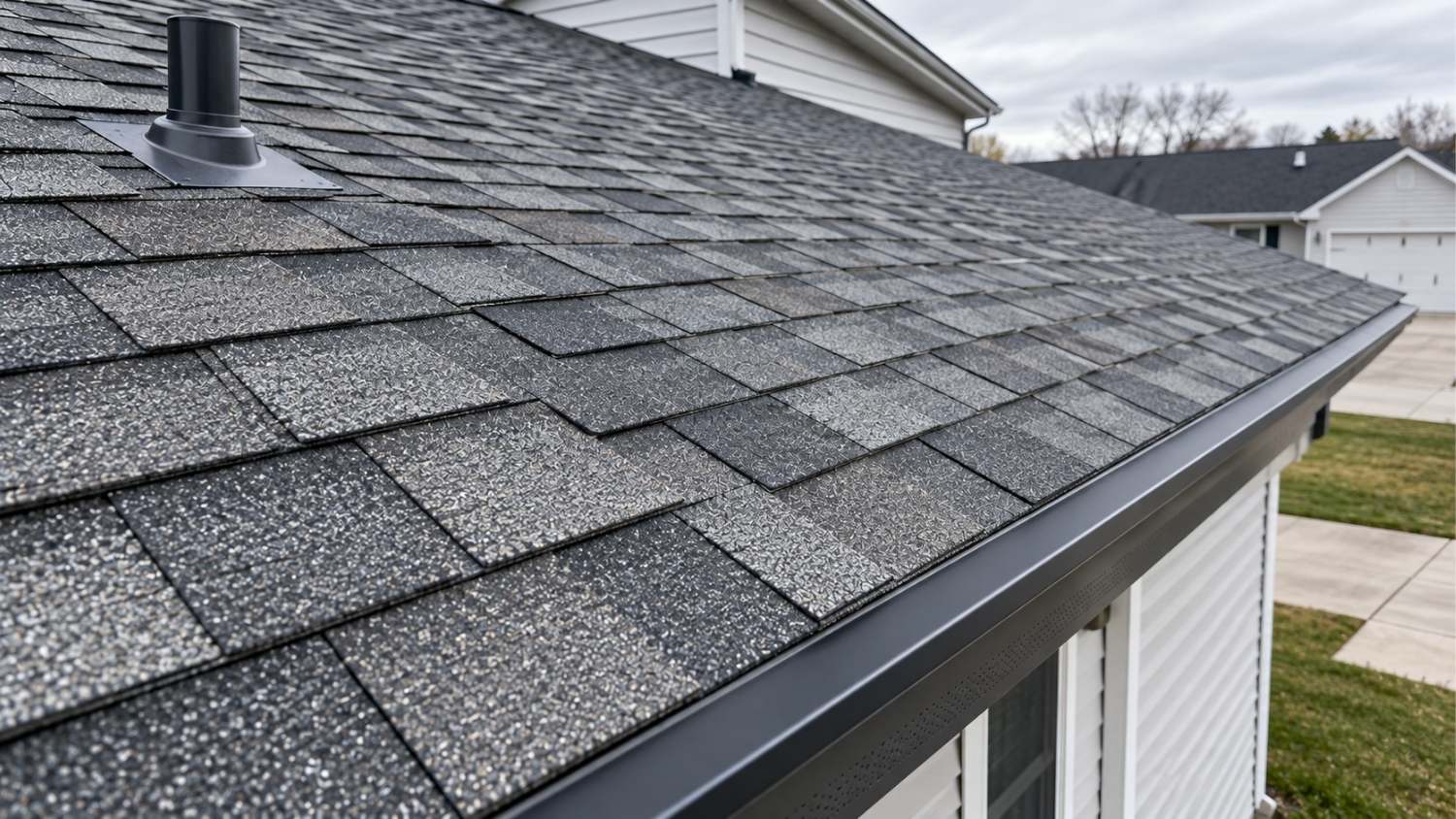 shallow low-slope residential roof covered in slate-gray architectural asphalt shingles