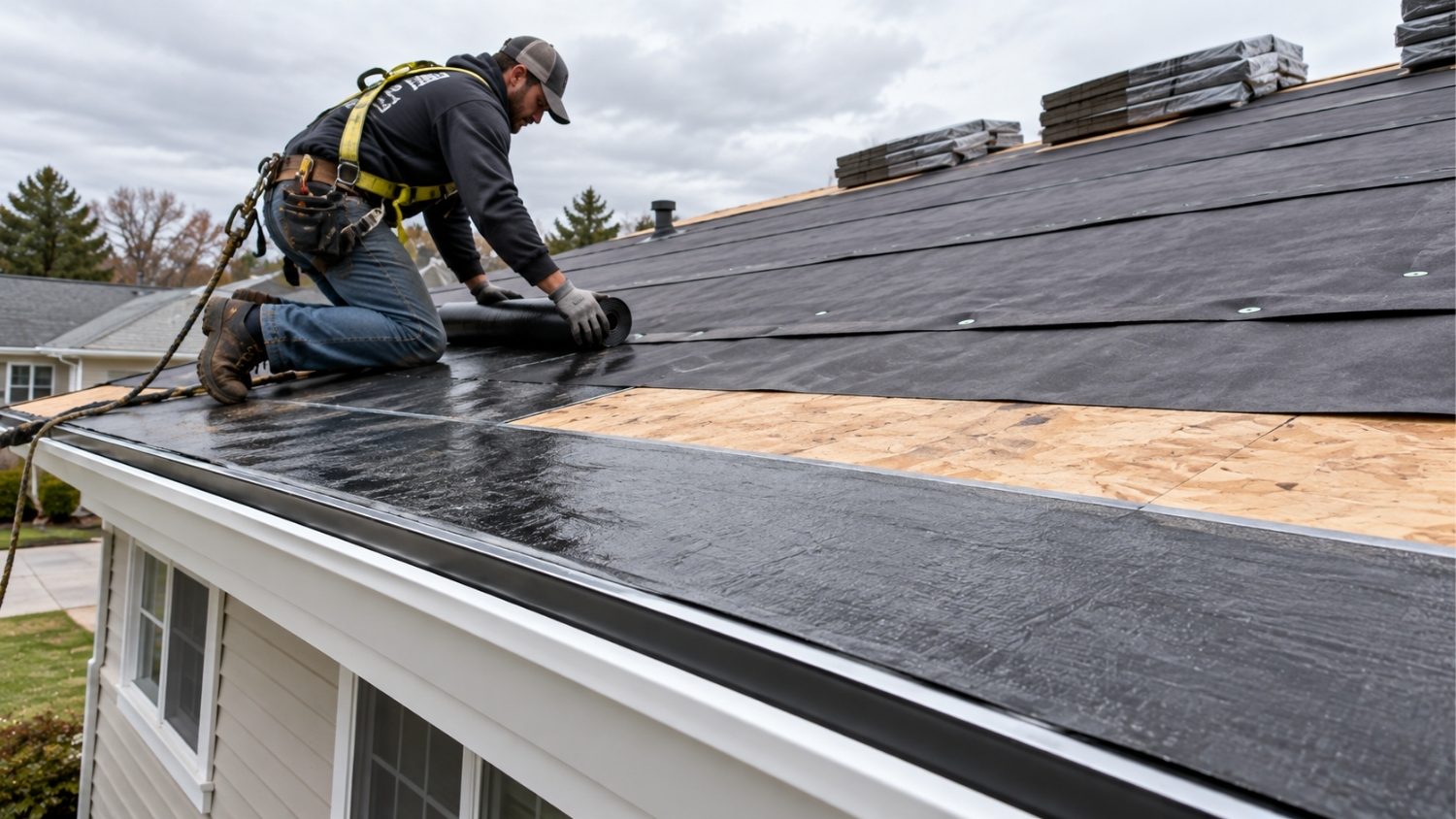 showing a low-slope residential roof section being prepared for asphalt shingles