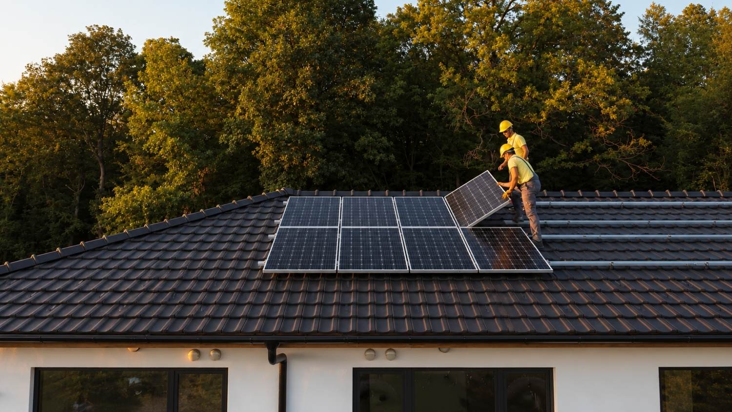 two technicians wearing yellow hard hats working together to install a solar panel