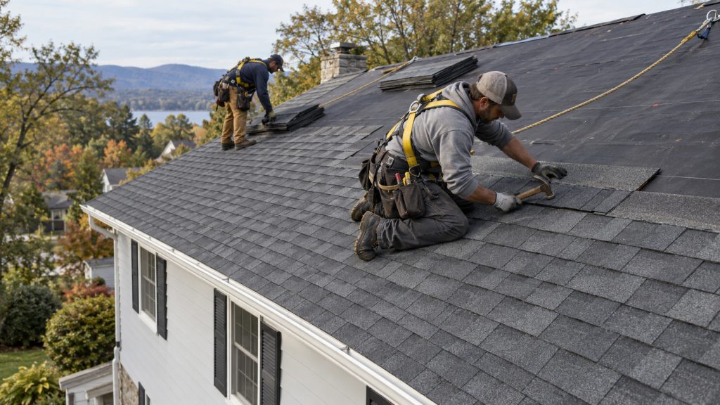 Two men installing shingles on a roof, with a ladder positioned against the side of the house