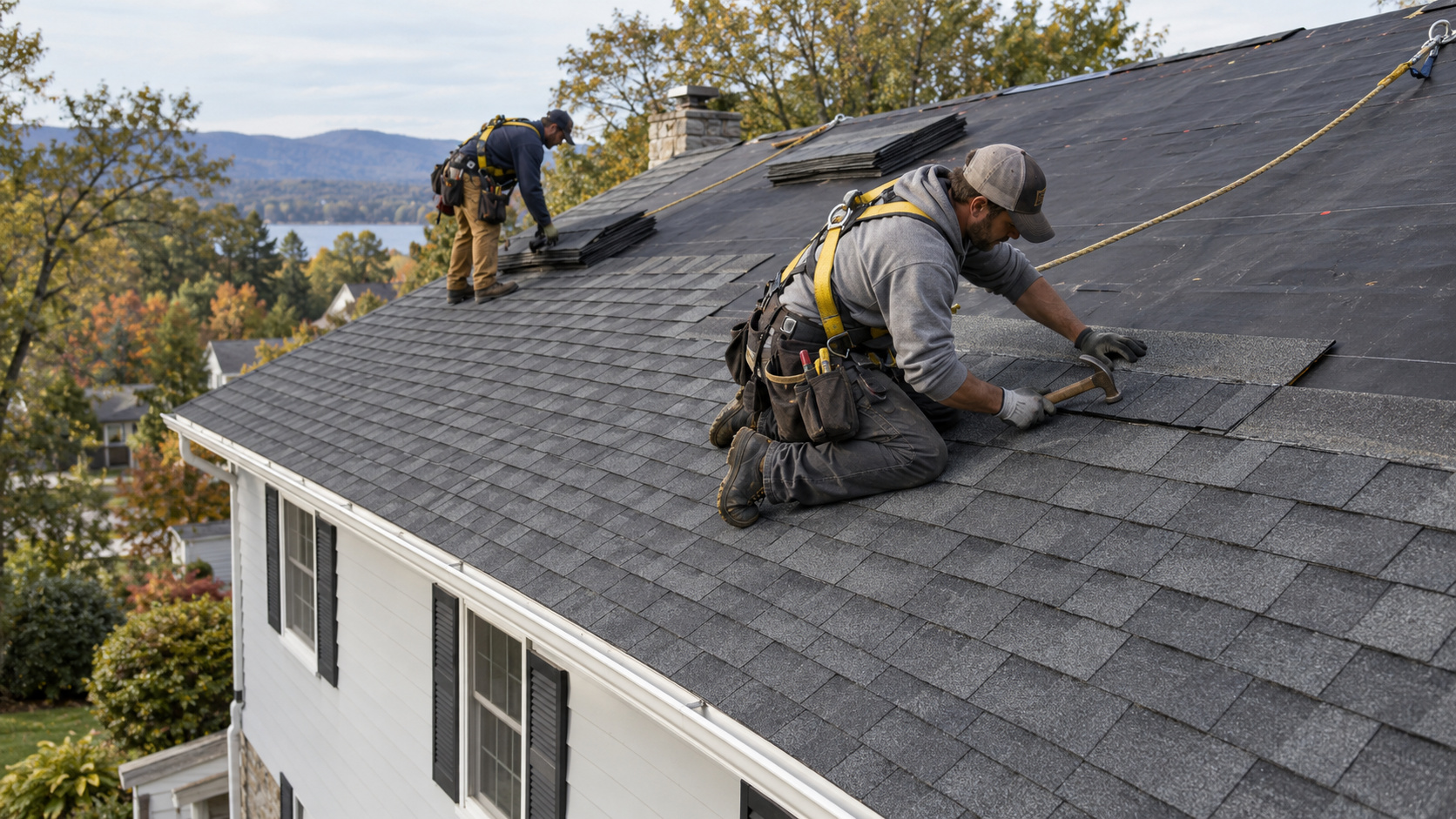 Two men installing shingles on a roof, with a ladder positioned against the side of the house